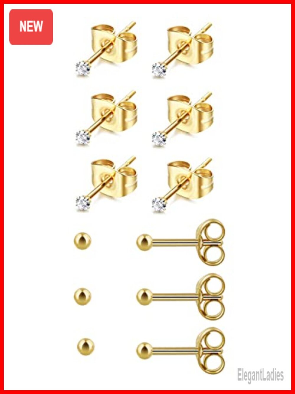 6 Pair 2mm Surgical Steel Stud Earrings 14K Gold Filled CZ Pearl Set